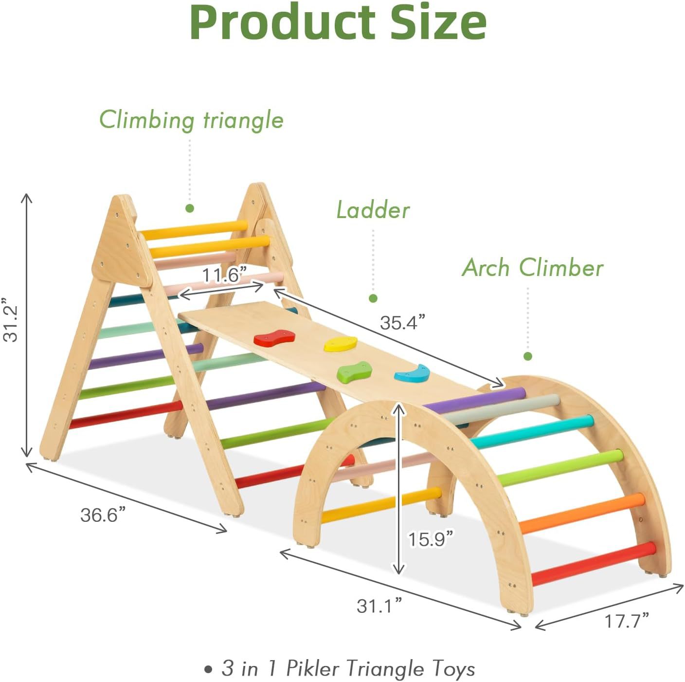 3-в-1 Пиклер триъгълник с дъска и дъга – дървена катерушка за игра и развити