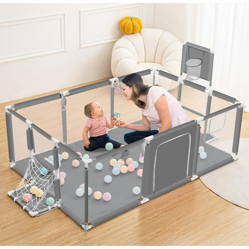 Бебешка оградка с кош и врата за гол – 120x180 cm цвят сив