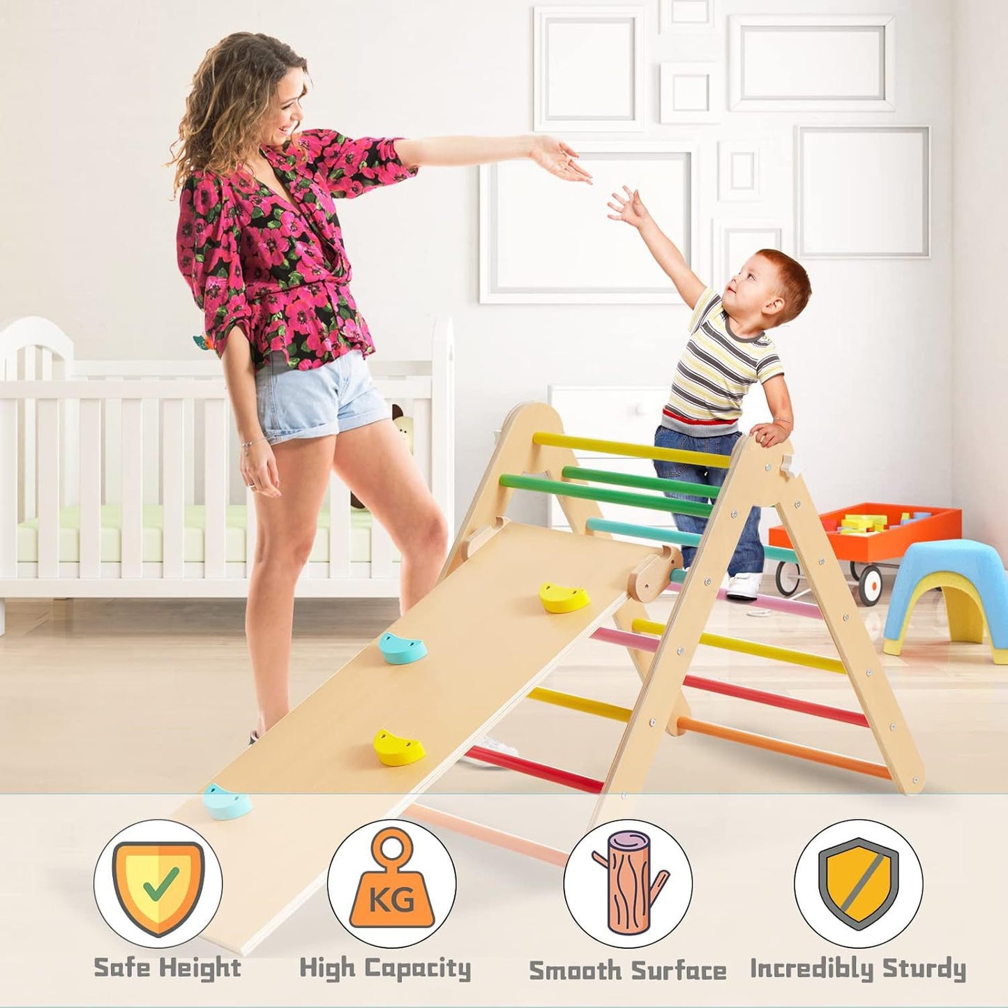 3-в-1 Пиклер триъгълник с дъска и дъга – дървена катерушка за игра и развити