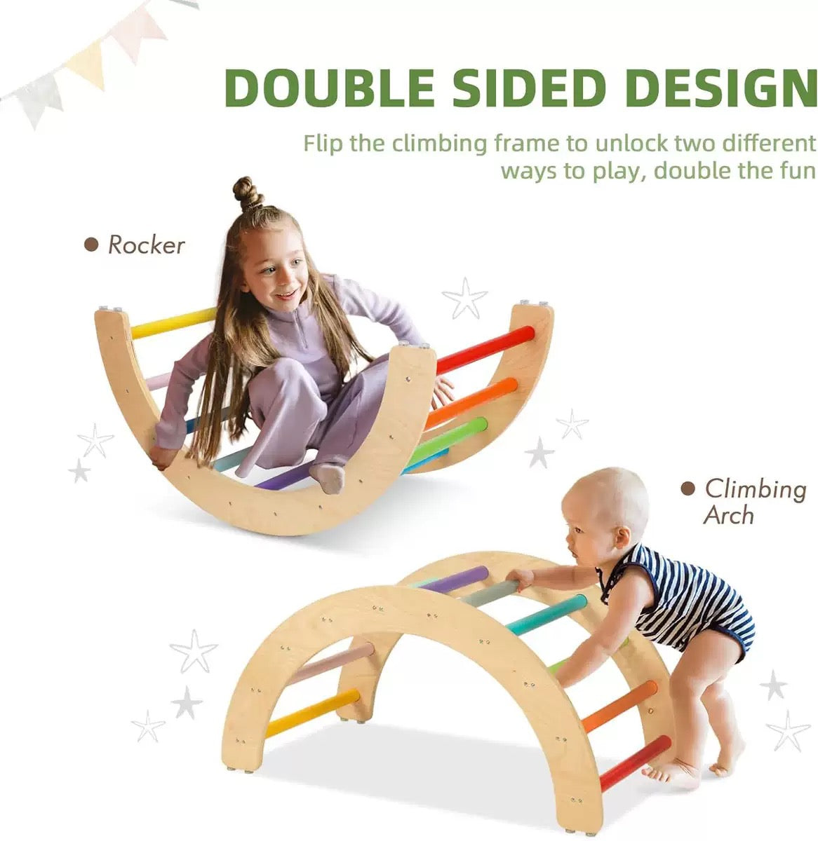 3-в-1 Пиклер триъгълник с дъска и дъга – дървена катерушка за игра и развити