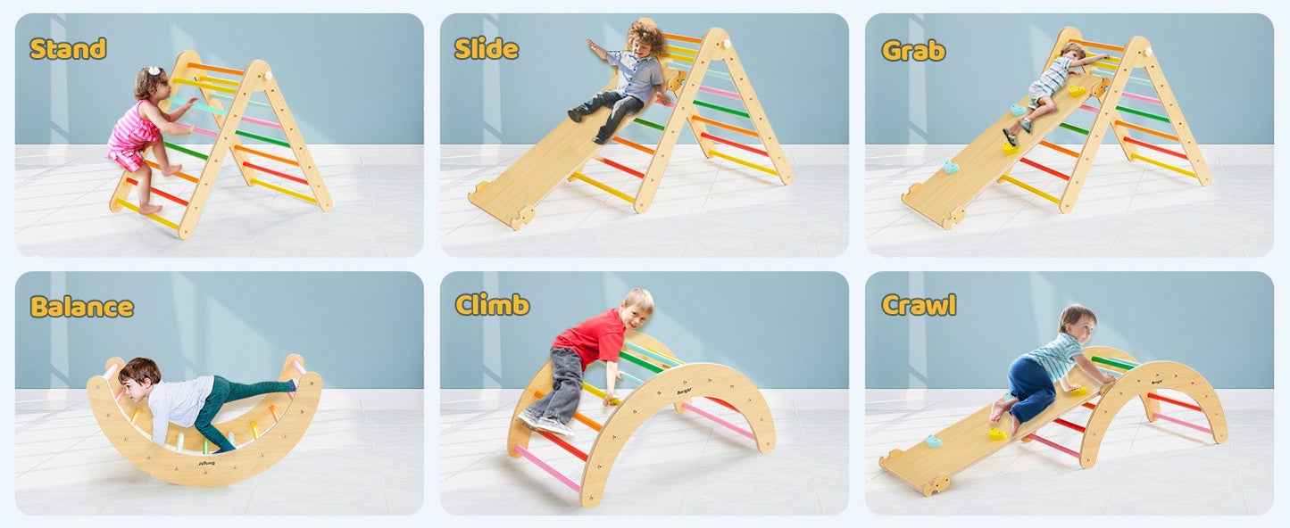 3-в-1 Пиклер триъгълник с дъска и дъга – дървена катерушка за игра и развити