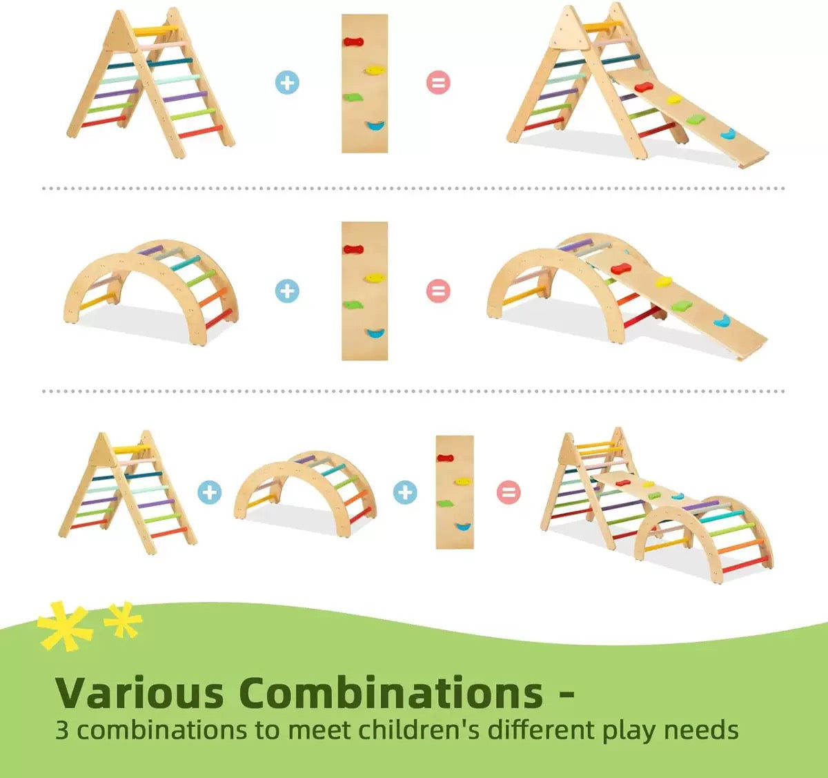 3-в-1 Пиклер триъгълник с дъска и дъга – дървена катерушка за игра и развити