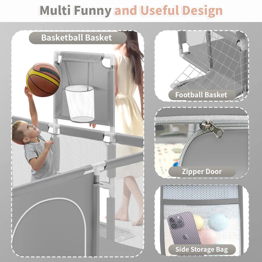 Бебешка оградка с кош и врата за гол – 120x180 cm цвят сив