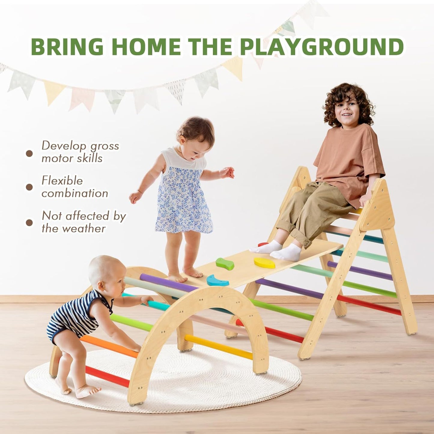 3-в-1 Пиклер триъгълник с дъска и дъга – дървена катерушка за игра и развити