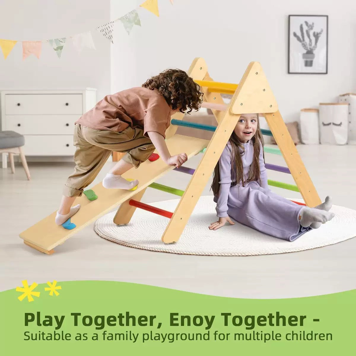 3-в-1 Пиклер триъгълник с дъска и дъга – дървена катерушка за игра и развити