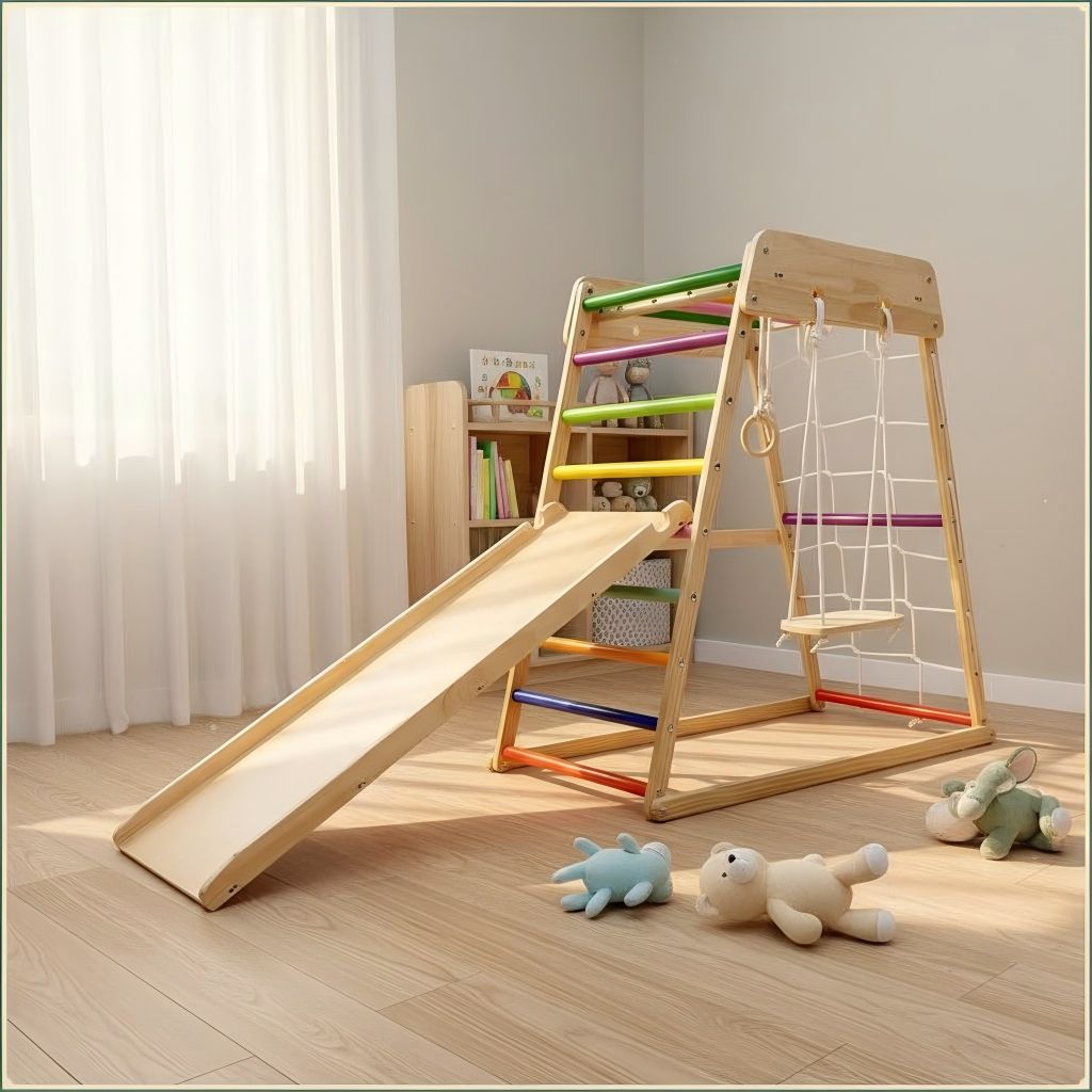 Дървена Монтесори катерушка 4в1 с пързалка, мрежа и халки (Pikler Triangle)