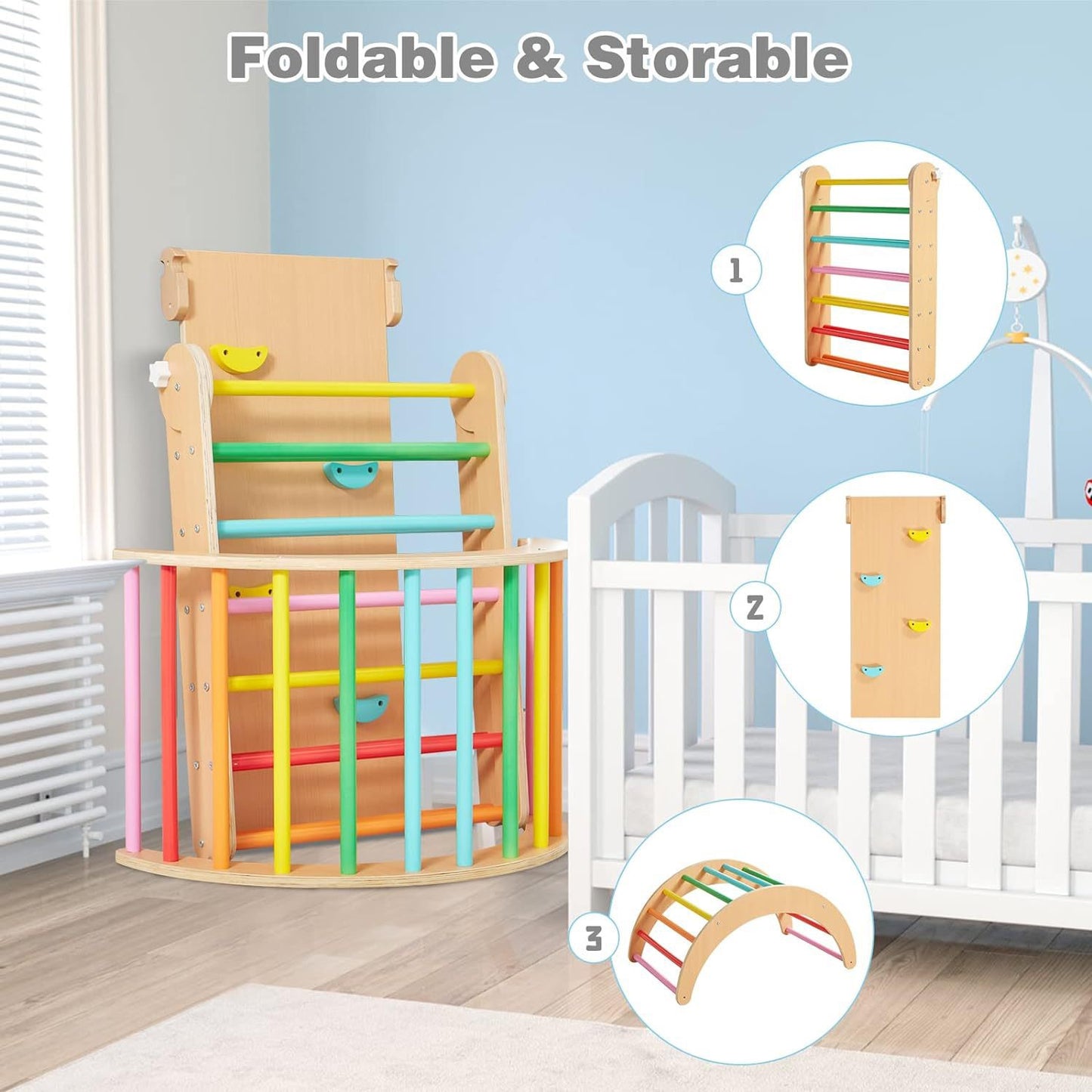 3-в-1 Пиклер триъгълник с дъска и дъга – дървена катерушка за игра и развити