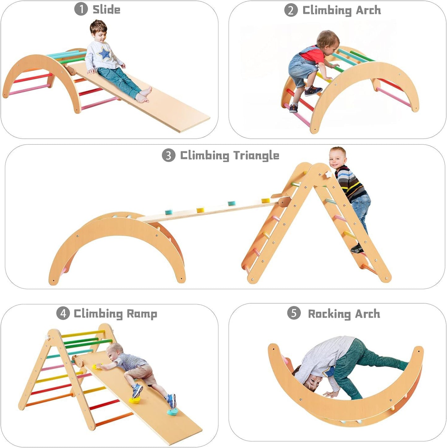 3-в-1 Пиклер триъгълник с дъска и дъга – дървена катерушка за игра и развити