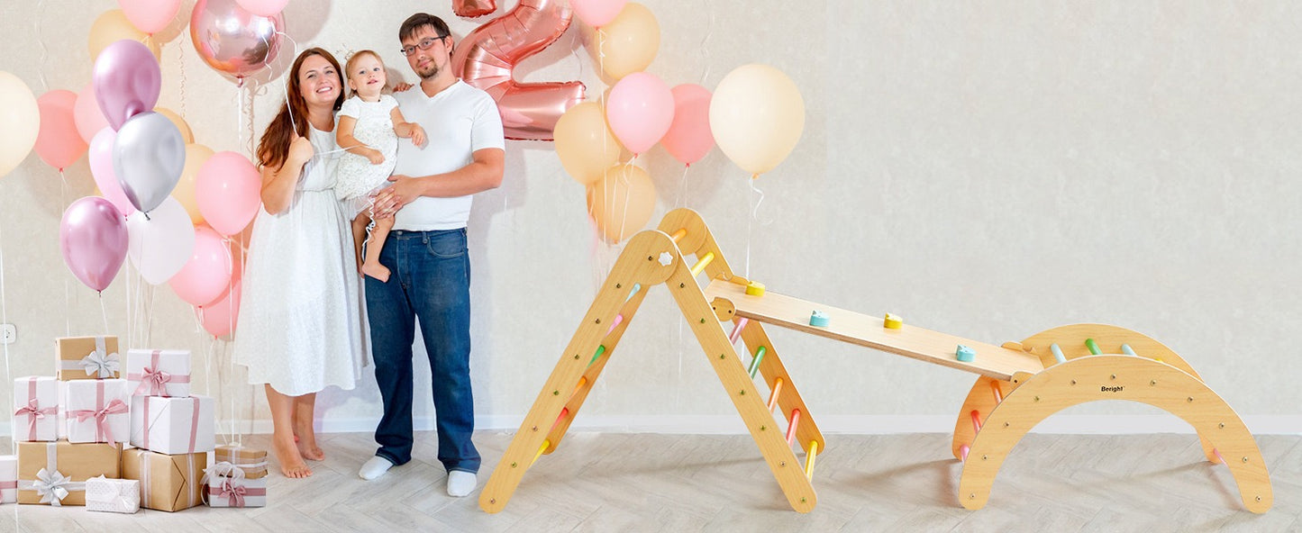 3-в-1 Пиклер триъгълник с дъска и дъга – дървена катерушка за игра и развити